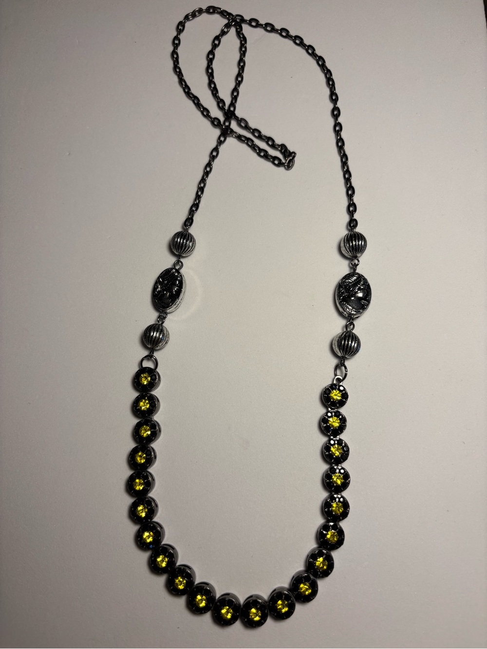 Yellow Crystal Accent and Cameos Gunmetal Chain Necklace